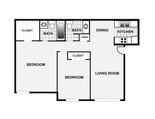 floor plan of a two bedroom apartment at The Oakmont Apartment Homes 